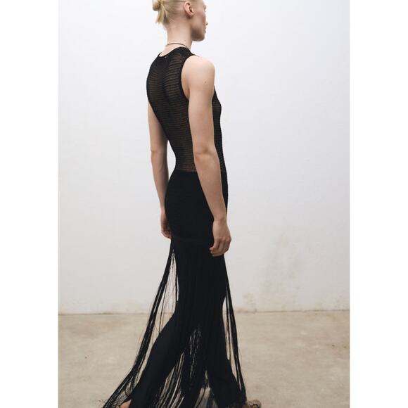 Mango Openwork Knit Dress With Fringes - 8 - Black - Picture 3 of 5